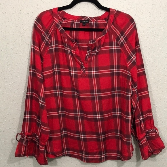 Talbots Rex Plaid V-Neck Pull-Over Pheasant Style Blouse size L - Picture 1 of 8